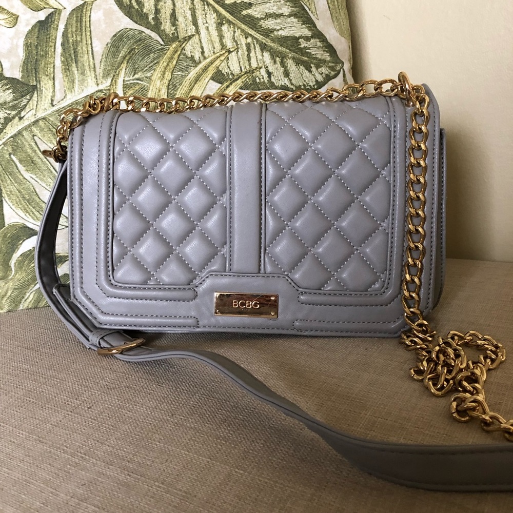 BCBG Quilted Gray Purse With Gold Accents